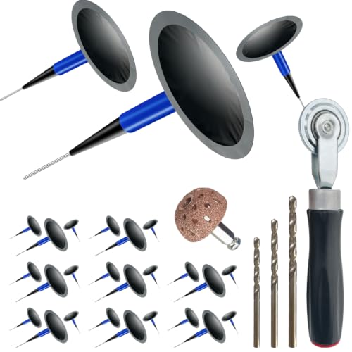 Tire Repair Patch Tool Kit Including 24pcs Tire Patch Plugs, Tungsten Buffing Wheel, Tire Patch Roller with 4mm Twist Drill Bits for Vehicle - size: Tire Repair Kit