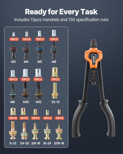 VEVOR Rivet Nut Tool Kit, 17-Inch Rivnut Tool Kit, with 13 Mandrels and 130 Nuts, Metric and SAE Size M3, M4, M5, M6, M8, M10, M12, 1/2-13, 8-32, 10-24, 1/4-20, 5/16-18, 3/8-16 UNC, a Carrying Case - size: 17", style: RIVET NUT TOOL