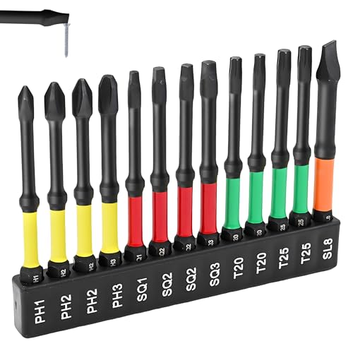 Magnetic Screwdriver Drill Bit Set, 13Pcs Impact Driver Bit Set Including Phillips Screwdriver Bit Set S2 Alloy Steel Security Torx Screwdriver Set Square Drive Drill Bit Set for Electric Hand Tool