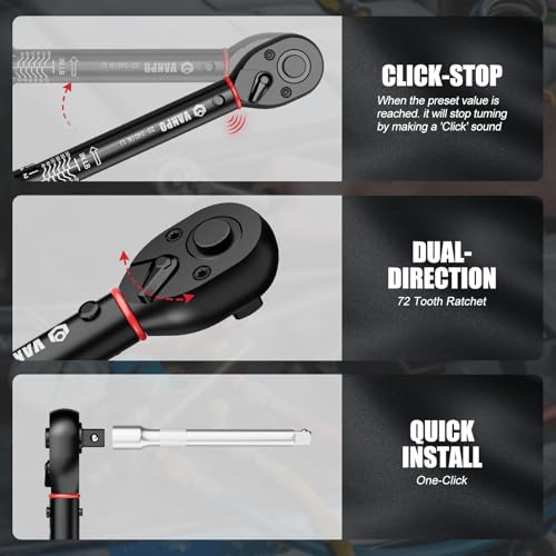 VANPO Torque Wrench Set, 1/4" 3/8" 1/2" Drive, for Bike, Motorcycle, Car | 20-240 In.lb, 5-45 Ft.lb, 10-170 Ft.lb with 3 Adapters,±3% Accuracy, Click Torque Wrenches, 72-Tooth,Dual Scale,Storage Case - size: Set(10-80in.lb,20-240in.lb.5-45ft.lb,10-170ft-l