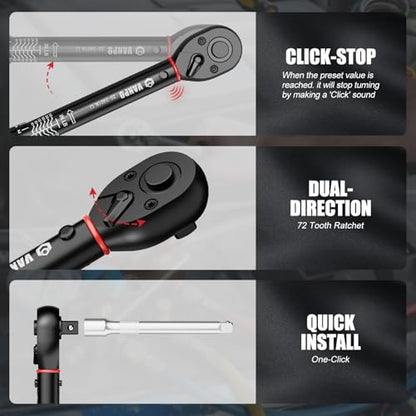 VANPO Torque Wrench Set, 1/4" 3/8" 1/2" Drive, for Bike, Motorcycle, Car | 20-240 In.lb, 5-45 Ft.lb, 10-170 Ft.lb with 3 Adapters,±3% Accuracy, Click Torque Wrenches, 72-Tooth,Dual Scale,Storage Case - size: Set(10-80in.lb,20-240in.lb.5-45ft.lb,10-170ft-l