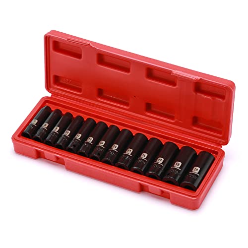 MIXPOWER 13 Pieces 3/8-Inch Drive Deep Impact Socket Set, 7mm to 19mm, CR-V, Metric, 6 Point, Deep, 13 Pieces 3/8" Dr. Socket - size: 9/32" - 3/4" (Deep)