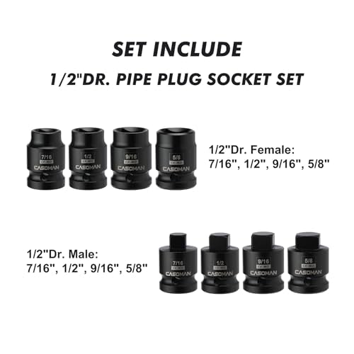 CASOMAN 8PCS 1/2-Inch Drive Pipe Plug Socket Set, Cr-Mo, SAE, Male/Female Set, 7/16", 1/2", 5/8", 9/16", Tapered Male Square Drive, Chamfered Female Square Drive - size: 1/2"Dr.