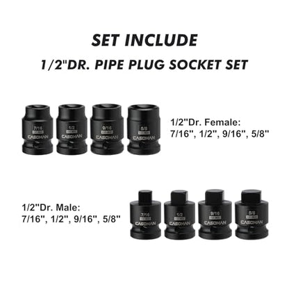 CASOMAN 8PCS 1/2-Inch Drive Pipe Plug Socket Set, Cr-Mo, SAE, Male/Female Set, 7/16", 1/2", 5/8", 9/16", Tapered Male Square Drive, Chamfered Female Square Drive - size: 1/2"Dr.