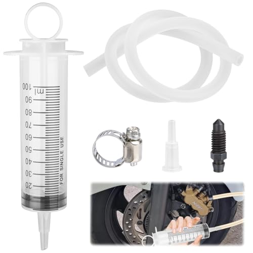 Motorcycle Brake Bleeder Kit, 100ml Pump Hydraulic Disc Bleeding Tool | 50cm hose & fittings. Compatible with motorcycles, cars & scooters. Reverse brake fluid flush. Easy one-person use.