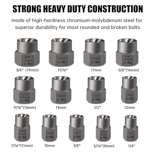 Valkynos Bolt Extractor Kit 14 Pcs | Hex Drive, Cr-Mo Steel, Stripped Removal Set, Easy Out Remove Rusted, Frozen, Damaged, Rounded-Off Bolt Nut Screw