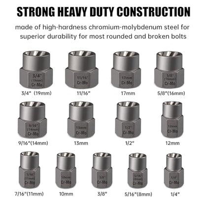 Valkynos Bolt Extractor Kit 14 Pcs | Hex Drive, Cr-Mo Steel, Stripped Removal Set, Easy Out Remove Rusted, Frozen, Damaged, Rounded-Off Bolt Nut Screw