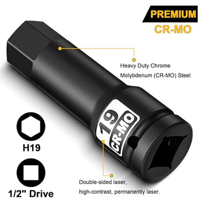 1/2" Drive 19 mm Hex Impact Bit Socket, H19 Allen Bit Socket, Metric, Cr-Mo Steel, Automotive Repair Industrial Maintenance and DIY Enthusiasts Alike - size: 1/2" H19 Deep