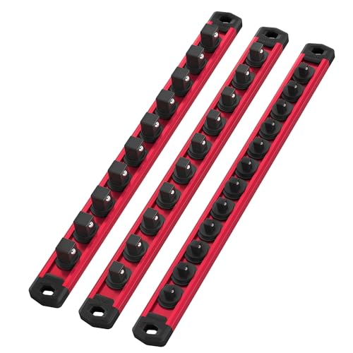 WORKPRO Magnetic Socket Organizer Set, 3-Piece 1/4” 3/8” 1/2” Socket Rails | 1/4-Inch x 12 Clips, 3/8-Inch x 10 Clips, 1/2-Inch x 10 Clips, Aluminum Alloy, Rotatable & Movable Clips - color: Red, size: 3 Pieces-1/4", 3/8", & 1/2" DR