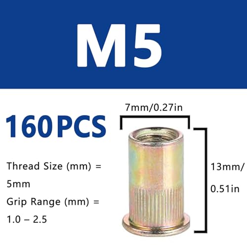 160Pcs M5 Rivet Nuts, Metric Zinc Plated Finish Carbon Steel Flat Head Threaded Insert Nutsert Kit - color: Yellow, size: M5