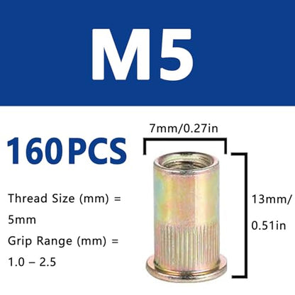 160Pcs M5 Rivet Nuts, Metric Zinc Plated Finish Carbon Steel Flat Head Threaded Insert Nutsert Kit - color: Yellow, size: M5
