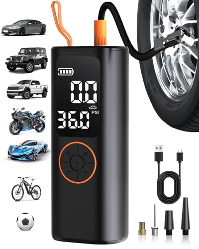 Tire Inflator Portable Air Compressor - 4X Faster Inflation Cordless Mini Air Pump with Digital Pressure Gauge with Digital Pressure Gauge/LED Light Portable Tire Inflator for Car/Moto/Bike/Ball etc. - color: Black