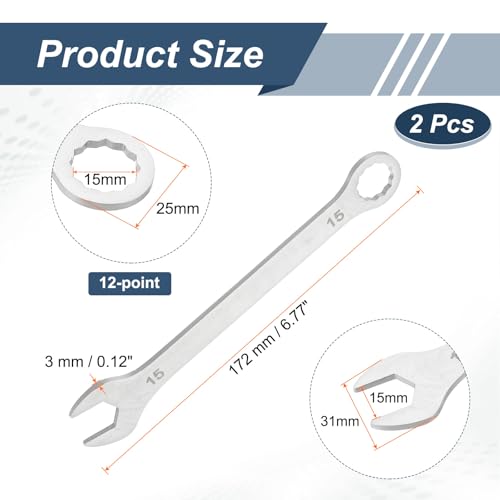 HARFINGTON 2Pcs Super Thin Combination Wrench 15mm Metric 12-Point Box and Open End Stainless Steel Double Ended Spanner Tool for Automotive Pipe Furniture Machinery DIY Repair, Silver - size: 15mm