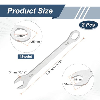 HARFINGTON 2Pcs Super Thin Combination Wrench 15mm Metric 12-Point Box and Open End Stainless Steel Double Ended Spanner Tool for Automotive Pipe Furniture Machinery DIY Repair, Silver - size: 15mm