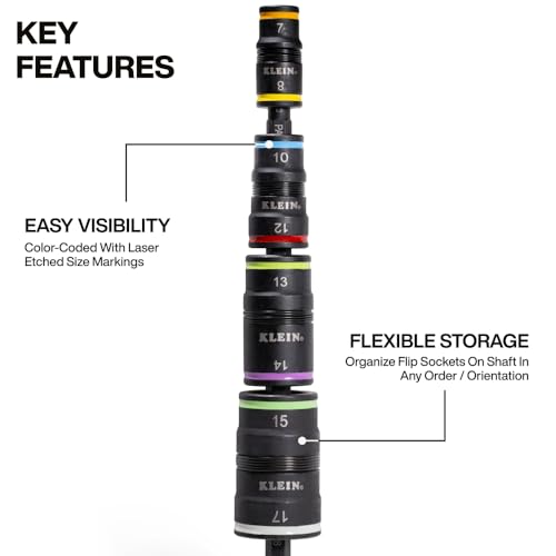 Klein Tools 32934M Impact Driver, 8-in-1 Metric Socket Set, 4 Flip Sockets with 7, 8, 10, 12, 13, 14, 15 and 17mm Nut Driver Sizes, Impact Rated 6-1/2-Inch Shaft - style: 8-in-1