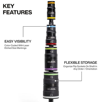 Klein Tools 32934M Impact Driver, 8-in-1 Metric Socket Set, 4 Flip Sockets with 7, 8, 10, 12, 13, 14, 15 and 17mm Nut Driver Sizes, Impact Rated 6-1/2-Inch Shaft - style: 8-in-1