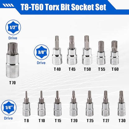 13-Piece Torx Bit Socket Set, T8-T70 Star Bit Sockets | S2 Steel And CR-V Construction with 1/4", 3/8", 1/2" Drive for Automotive And Equipment Repair