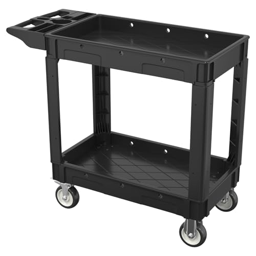 2 Tier Plastic Rolling Cart Utility Cart on Wheels, Heavy Duty Tool Carts with Ergonomic Storage Handle and Deep Shelfs, Work Cart Service Cartss for Garage, Warehouse, Workshop, Office, Cleaning - color: Black, size: 40 x 17 Inch