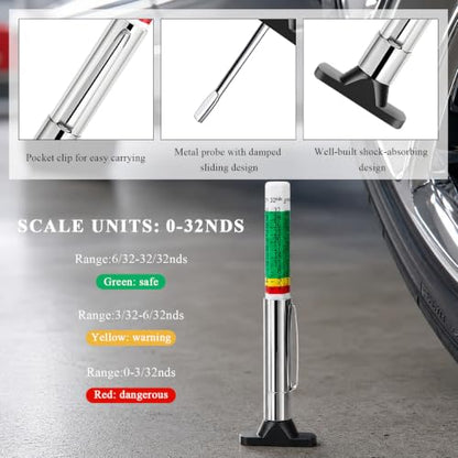 2 PCS Car Tire Tread Depth Gauge, Accurate Color-Coded Tire Tread Depth Measurement Tool with Pocket Clip, 32nds Scale Professional Tyre Wear Checker for Cars Trucks Motorcycles