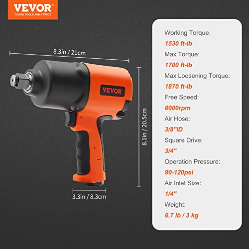 VEVOR Air Impact Wrench, 3/4-Inch Drive Air Impact Gun, Up to 1870ft-lbs Nut-busting Torque, Composite Pneumatic Impact Wrench for Auto Repairs and Maintenance Heavy Duty - size: 3/4-Inch/1870ft-lbs