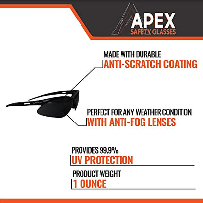 Malta Dynamics APEX Safety Glasses – Anti Scratch and Anti Fog Protection, Construction Safety Glasses for Men and Women, ISEA & ANSI Z87 Compliant (Tinted, 12 Pairs) - color: Tinted - 12 Pair