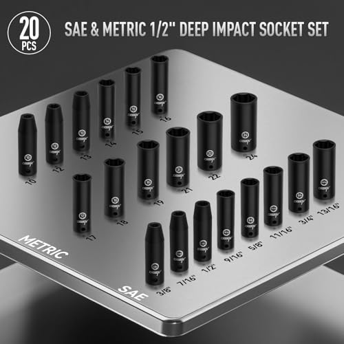 DISEN 20PCS 1/2" Impact Socket Set, Deep Sockets SAE 13/16"-3/8" & Metric 10-24mm, 6-Point Cr-V & Alloy Steel, 1/2 Inches Drive Impact Socket Set,Rugged Construction, Enhanced Storage Case - style: 1/2“ 20PCS Deep