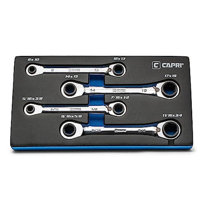 Capri Tools 4-in-1 120-Tooth Box End Reversible Ratcheting Wrench Set, Metric and SAE, 4-Piece with 16 Sizes - size: Metric and SAE (4-Piece Set)