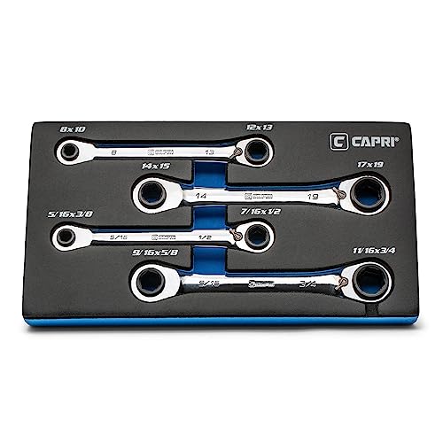 Capri Tools 4-in-1 120-Tooth Box End Reversible Ratcheting Wrench Set, Metric and SAE, 4-Piece with 16 Sizes - size: Metric and SAE (4-Piece Set)