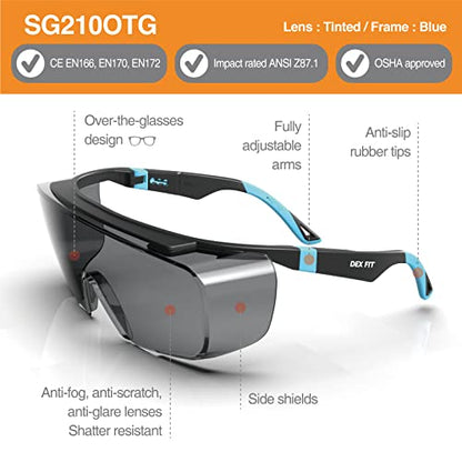 DEX FIT Safety Sunglasses Over Eyeglasses SG210 - Anti-Fog & UV 400 Protection, Z87.1 Certified, Adjustable Temples, Side Shields, Smoke Tinted Lens for Men & Women; Black & Blue, 1 PC - color: Black/Blue - Smoke Tinted, size: 1 PC