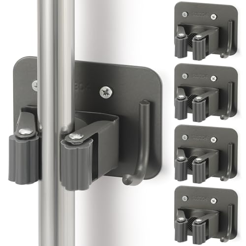 Broom Holder Wall Mount Rack, 304 Stainless Steel Mop and Tool Organizer | Drill-Mounted Gripper Rack Holds Brooms, Mops and Garden Tools Safely in the Laundry Room, Kitchen, Garage, Garden and Shed - color: Gery