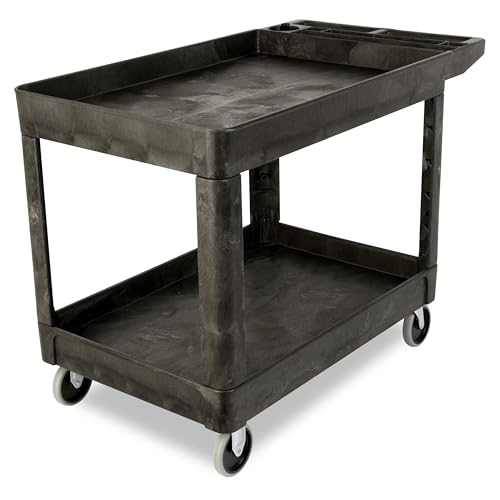 Rubbermaid Commercial Products 2-Shelf Utility/Service Cart, Medium, Black, Lipped Shelves, Ergonomic Handle, 500 lbs. Capacity, for Warehouse/Garage/Cleaning/Manufacturing - color: Black, size: Medium