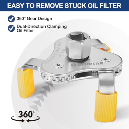 Spurtar 3-Jaw Oil Filter Wrench Adjustable 2-11/16" to 4-1/16" 68mm-104mm | Oil Filter Removal Tool with Removable Protective Sleeves for Car, SUV & Truck