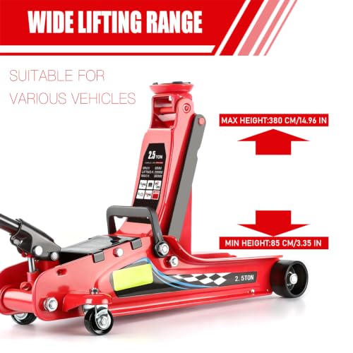 LARBANKE 2.5 Ton Floor Jack, 5500 lbs Capacity Low Profile Floor Jack, with 2 Rubber Pads, Lifting Range 3.35" to 14.96", for Sedans, Pickups, MPVs, Red