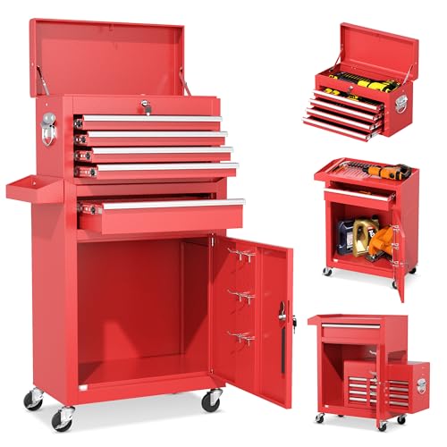 INTERGREAT Tool Chest, 5 Drawers Rolling Tool Chest with Detachable Top Tool Box, Tool Chests with Universal Lockable Wheels, Metal Tool Cart for Garage, Workshop, Barbershop, Red - color: Red, size: 5 Drawers