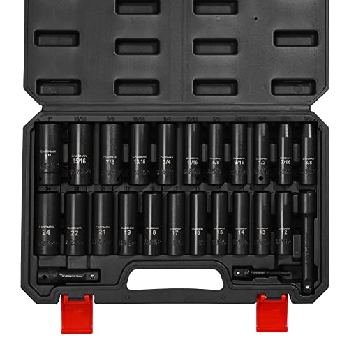 CASOMAN 25PCS 1/2" Drive Impact Socket Set, Deep, Cr-V Steel, 6 Point, Metric&SAE, 12mm to 24mm, 3/8 Inch to 1 Inch, Includes Extension Bars: 3-inch, 5-inch, 1/2-1/4 adapter - size: 1/2"Drive 25pcs Impact Socket Set