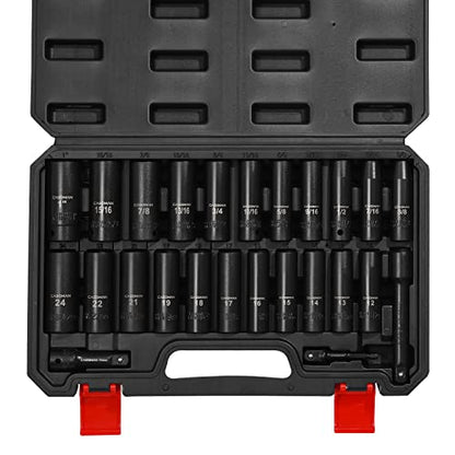 CASOMAN 25PCS 1/2" Drive Impact Socket Set, Deep, Cr-V Steel, 6 Point, Metric&SAE, 12mm to 24mm, 3/8 Inch to 1 Inch, Includes Extension Bars: 3-inch, 5-inch, 1/2-1/4 adapter - size: 1/2"Drive 25pcs Impact Socket Set