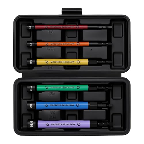 EMENTOL 6 PCS Hollow Shaft Magnetic Nut Driver Set, 1/4 to 9/16-Inch Color Coded Hex Sockets, 5-Inch Extended Reach SAE Nut Setters, Cr-V Steel Impact Rated for HVAC & Automotive Repair