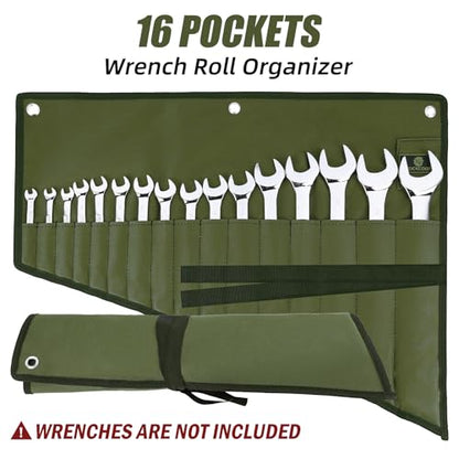 2 Pack 16 Pocket Wrench Roll Organizer, Blue & Green – Waterproof Oxford Cloth Heavy Duty Tool Roll Bag for Wrenches/Screwdrivers (Tools NOT Included) - color: Blue+Green