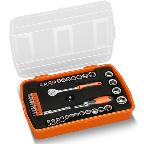 Auto Dynasty Tool Kit for Home 40Pcs, Home Repair Tool with Magnetic Screwdriver Socket and Ratchet Screwdriver Tool Set, All in One Plastic Storage Case for Garage, Warehouse, Auto Repair (Orange) - color: Orange, size: 41 Pcs