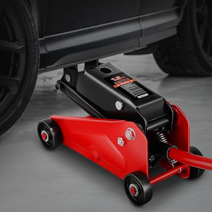 Magshion 1.5 Ton Low Profile Hydraulic Floor Jack, Heavy-Duty Steel Trolley Service Jack with Safety Valve, Swivel Casters, and Wide Saddle for Garage and Vehicle Maintenance, Red - color: Red
