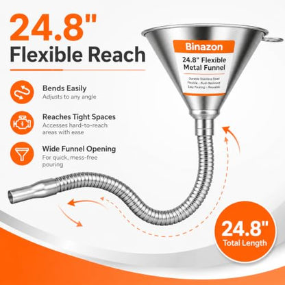 24.8" Funnels for Automotive Use, Steel Bendable Spout Funnel, Galvanized Funnel with Screen Screen, Ideal for Filling All Oils, Diesel, Gasoline and conveying Other Liquids