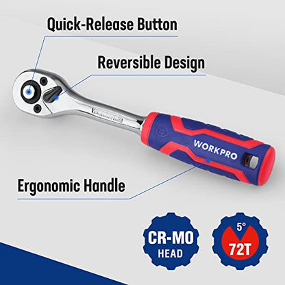 WORKPRO 3/8" Drive Ratchet Wrench, 72-Tooth Reversible | Quick-Release, CR-MO Head, Chrome Plated Finish, Ergonomic Non-Slip Handle - size: 3/8"