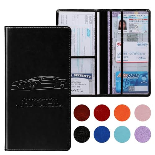 Car Registration and Insurance Card Holder for Women Men, Black Glove Box Paperwork Organizer with Magnetic Buckle for Easy Access and Protect Documents and Various Cards in Vehicle - color: Black