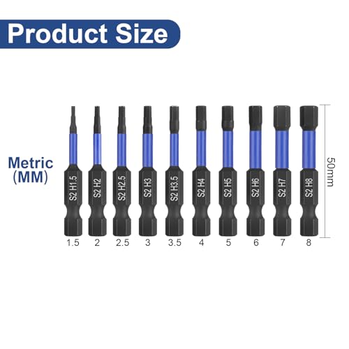 HPHOPE Impact Hex Head Allen Wrench Drill Bit Set 10 Pcs - 2"(Metric) | Premium S2 Steel, CNC Machined Tips wit Magnetism, Storage Box, 1/4" Hex-Shank for Automotive and Home Repairs - size: 50 mm, 10 Pcs, Metric