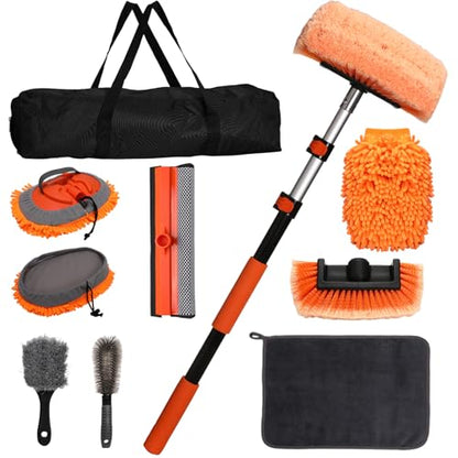 10Pcs 60" Car Wash Kit with Long Handle, Soft Extendable Car Wash Brush & Mop, Wheel & Tire Brush, 2-in-1 Window Squeegee, Microfiber Towel & Wash Mitt for Cars, SUVs, Trucks Exterior Cleaning - style: Exterior