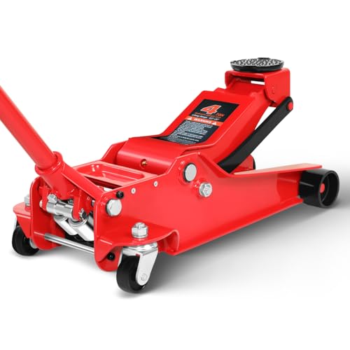 Magshion 4 Ton Low Profile Hydraulic Floor Jack, Heavy-Duty Steel Trolley Jack with Dual Piston Pump, Safety Valve, and Rubber Saddle Pad for Car, SUV, and Truck Maintenance, Red - color: Red, size: 4 Ton