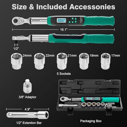 Digital Torque Wrench 1/2" Drive, 7.4–147.5 Ft-lbs / 10–200 N·m, ±2% Accuracy, Dual-Direction Ratchet, Electric Torque Wrench with Buzzer & LED Indicator for Bike, Motorcycle, Auto Repair