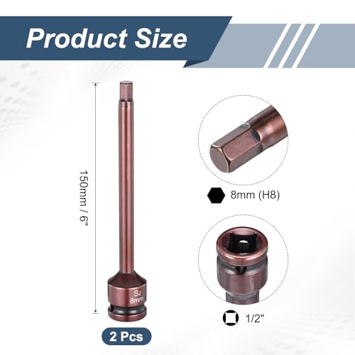 HARFINGTON 2pcs Impact Hex Bit Socket 1/2" Drive 8H (8mm) Hex Bits 6" Length S2 Steel Metric Impact Wrench Socket Adapter Tool for Automotive Repair Industrial Construction and Home DIY - size: H8 x 1/2" x 6"