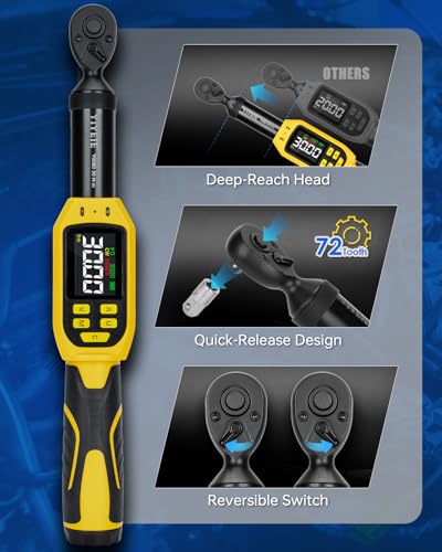 YIYEIE 1/4" Digital Torque Wrench Set | 13.5-265 in-lb | ±1% Accuracy | Deep-Reach Head | Smart Alert Multi | 12PC Bike Torque Wrench Digital for MTB/Motorcycle, with Sockets & Adapters - size: 12PCS, style: 1/4-Inch (13.5-265 in.lb)