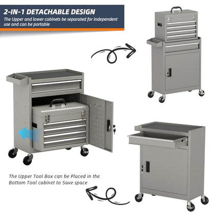 5-Drawer High Capacity Rolling Tool Box, Removable Cabinet Storage Tool Chest with Wheels and Drawers, Detachable Toolbox with Lock for Mechanics Garage Workshop and Tool Room (Grey)